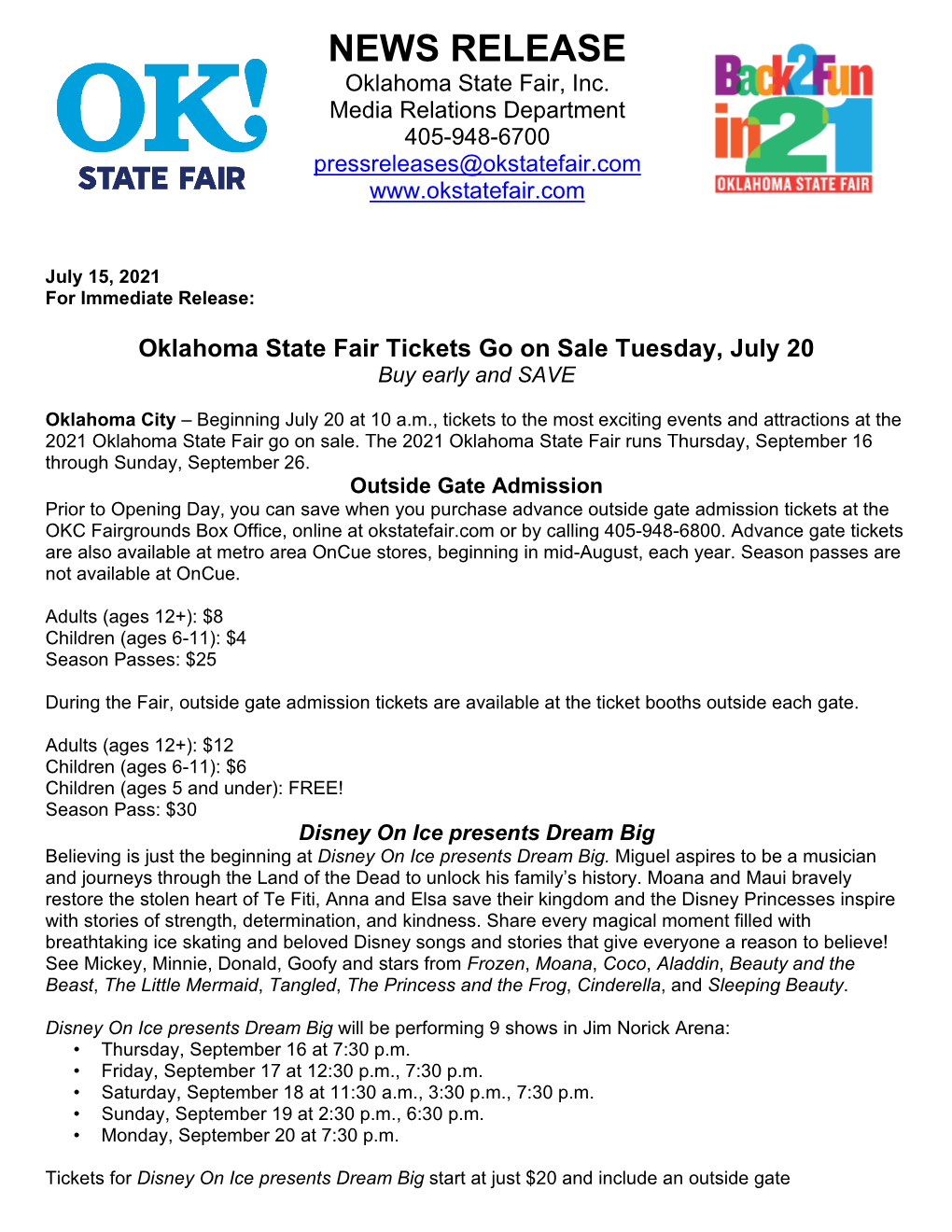 NEWS RELEASE Oklahoma State Fair, Inc