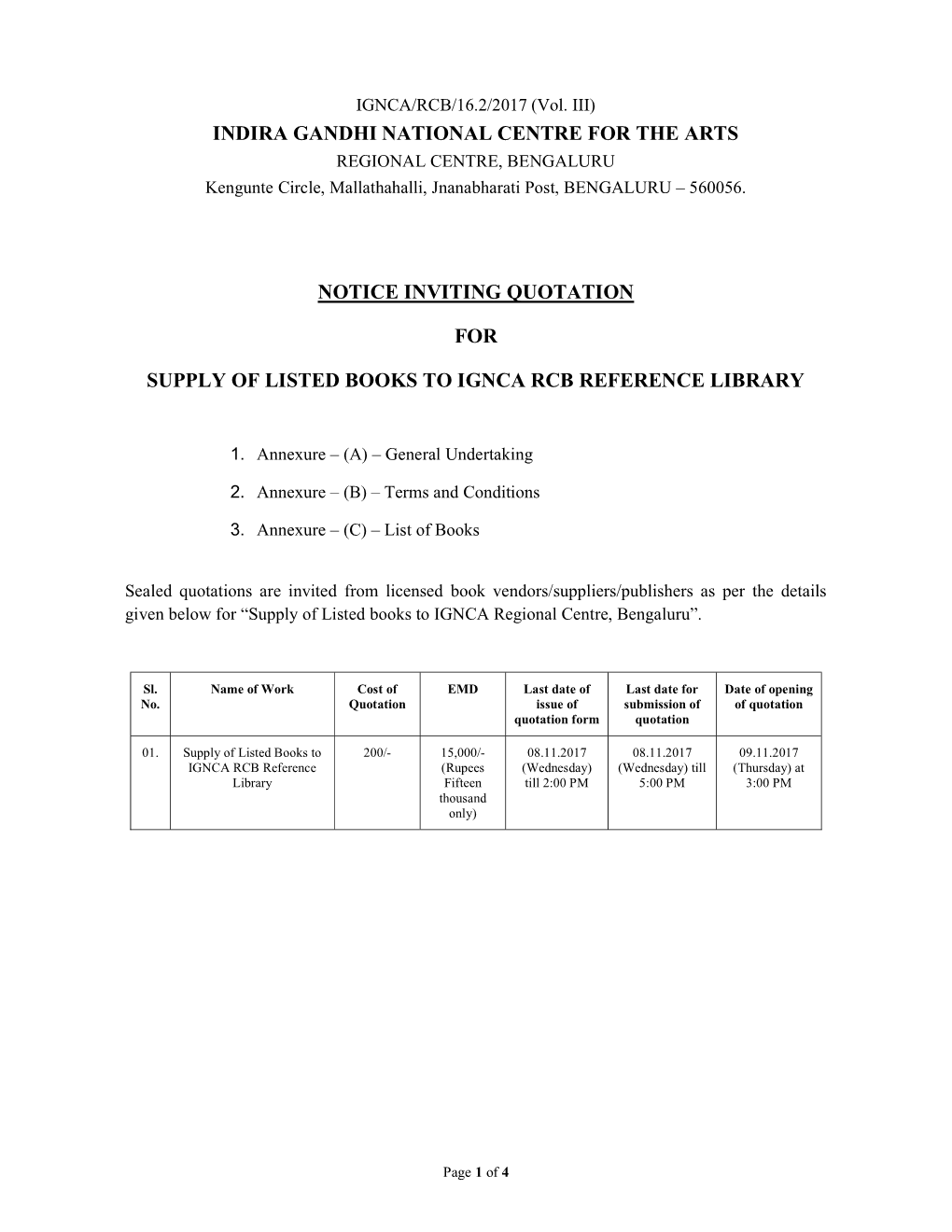 Indira Gandhi National Centre for the Arts Notice Inviting Quotation for Supply of Listed Books to Ignca Rcb Reference Library