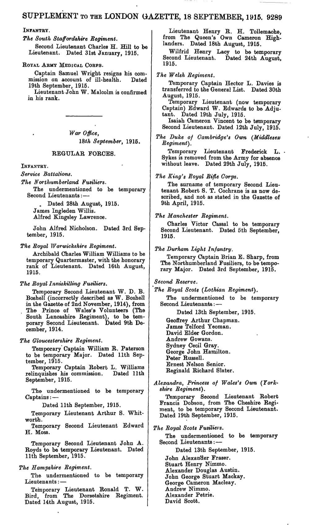 Supplement to the London Gazette, 18 September, 1915