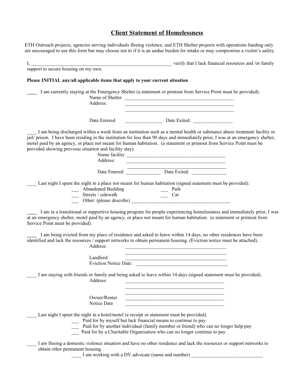 Homeless Verification Form