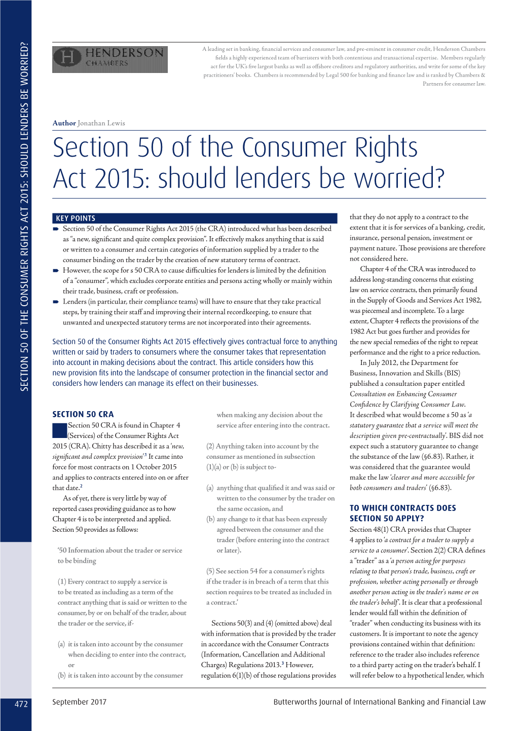 Section 50 of the Consumer Rights Act 2015: Should Lenders Be Worried?