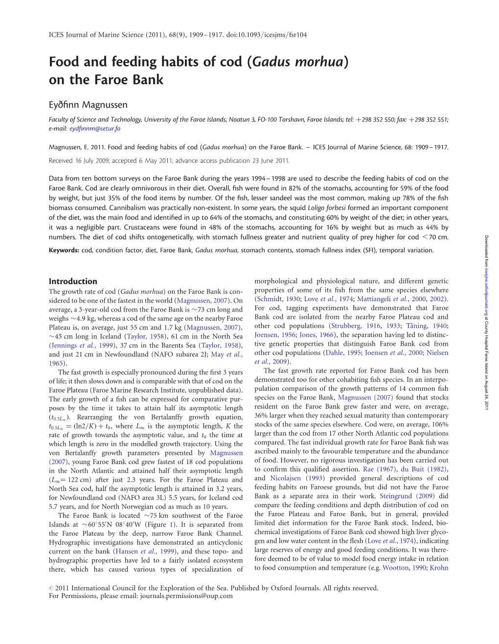 Food and Feeding Habits of Cod (Gadus Morhua) on the Faroe Bank