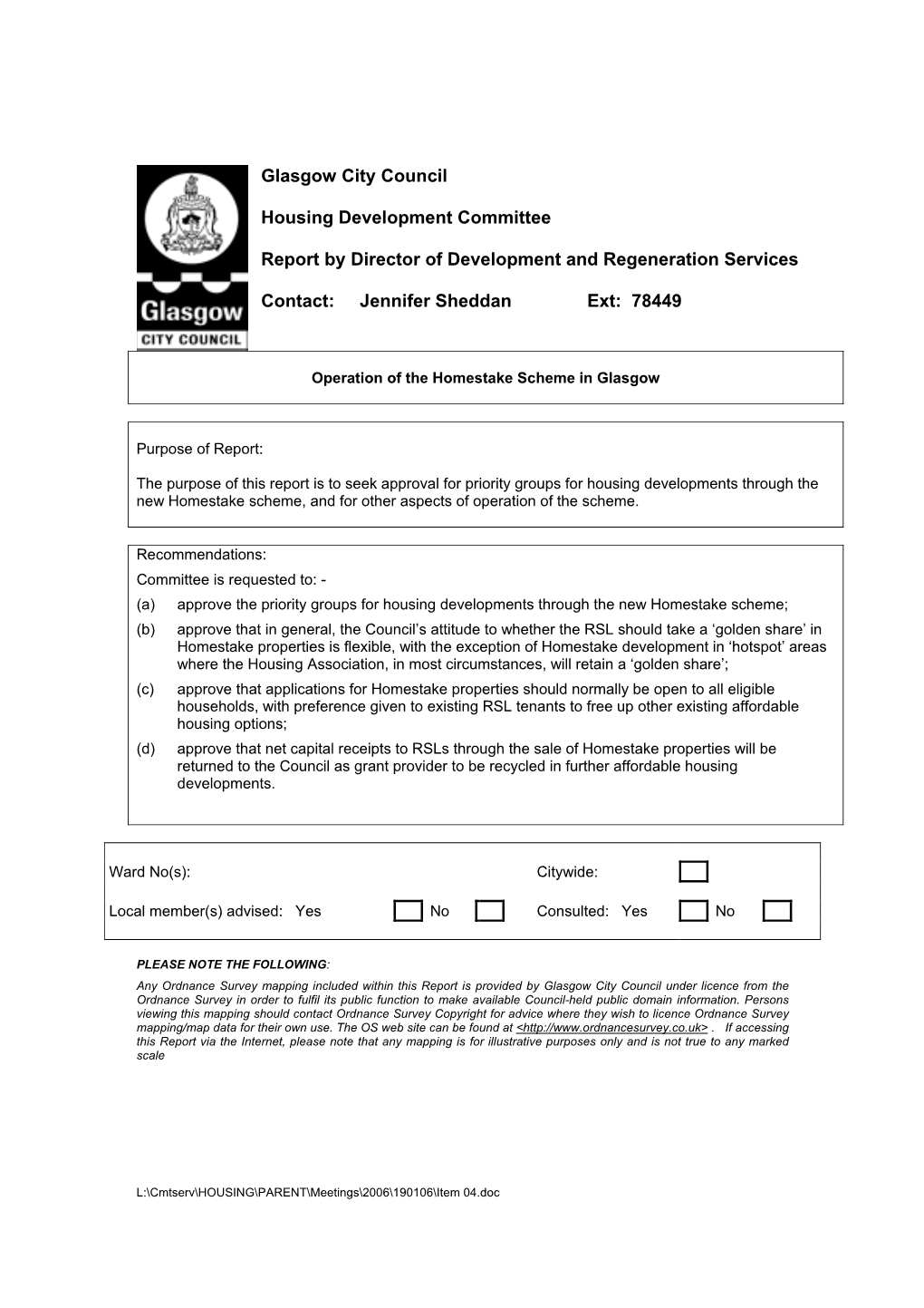 Glasgow City Council Housing Development Committee Report By