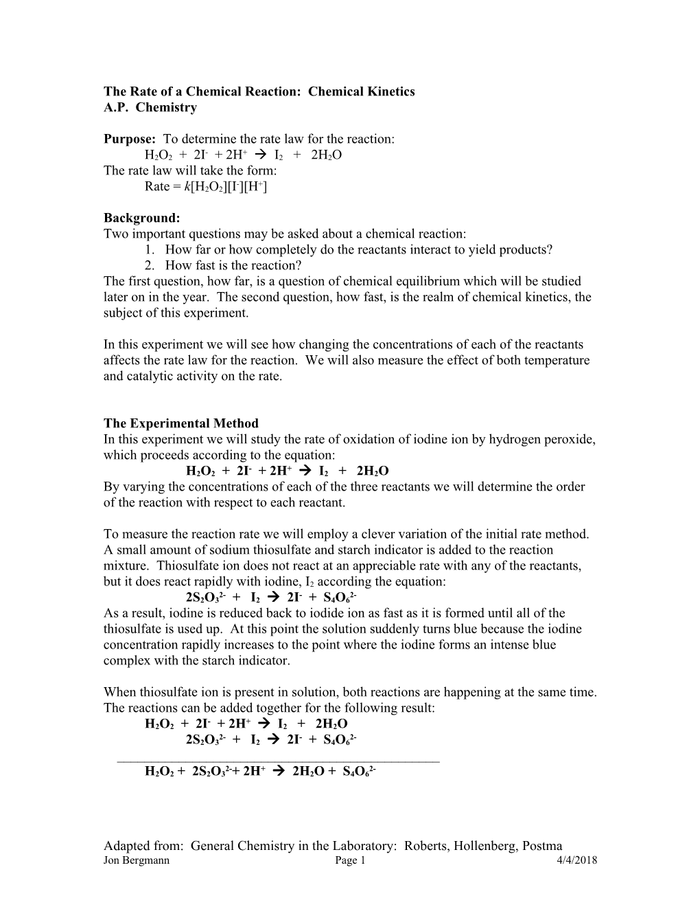 The Rate of a Chemical Reaction: Chemical Kinetics