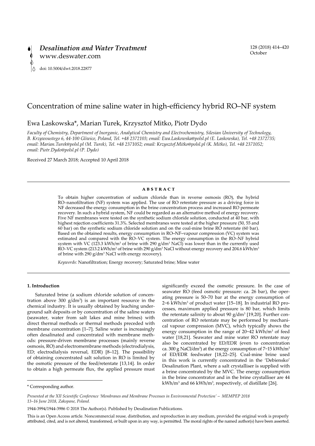 Concentration of Mine Saline Water in High-Efficiency Hybrid RO–NF System