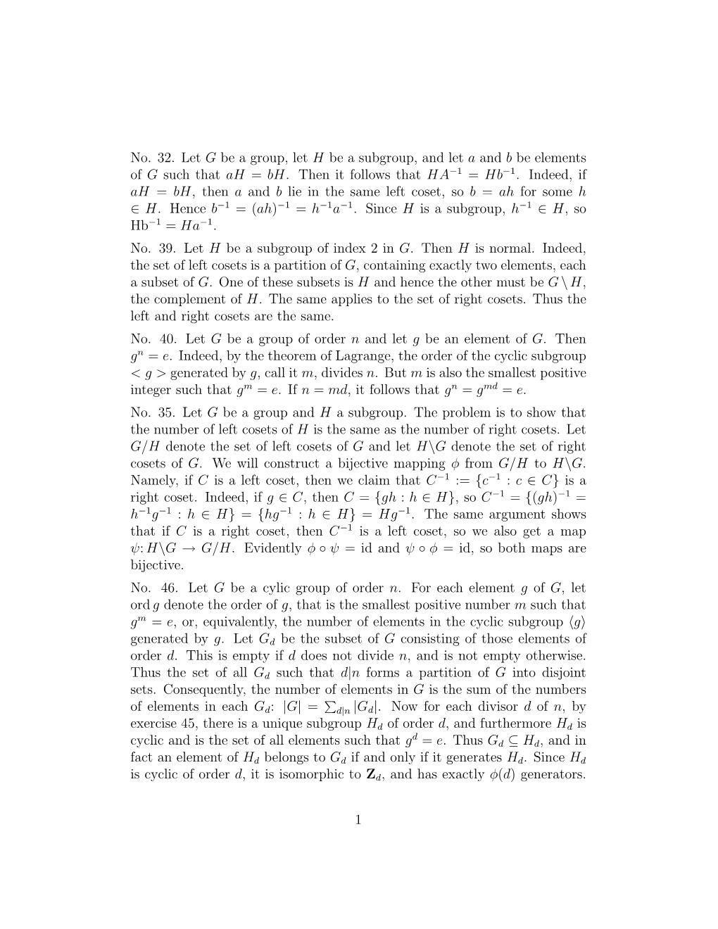 No. 32. Let G Be a Group, Let H Be a Subgroup, and Let a and B Be Elements of G Such That Ah = Bh. Then It Follows That HA−1 = Hb−1