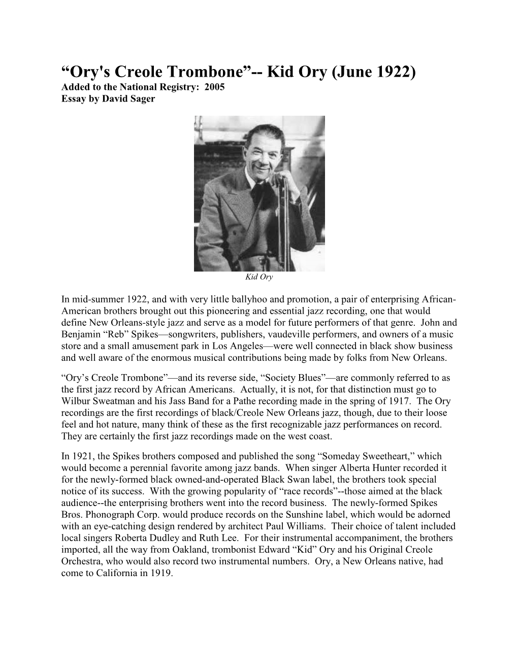 “Ory's Creole Trombone”-- Kid Ory (June 1922) Added to the National Registry: 2005 Essay by David Sager