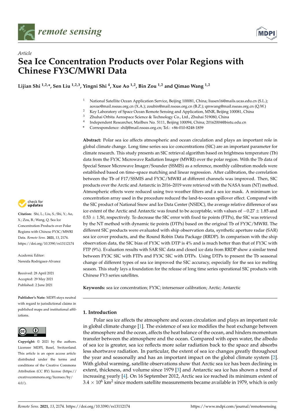 Sea Ice Concentration Products Over Polar Regions with Chinese FY3C/MWRI Data