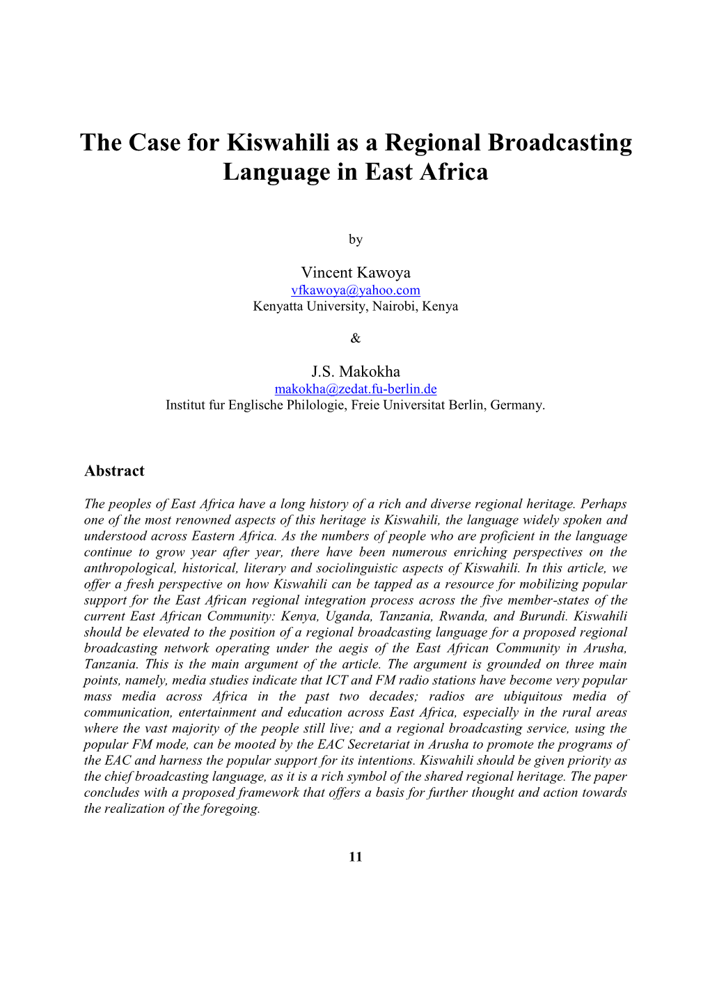 The Case for Kiswahili As a Regional Broadcasting Language in East Africa