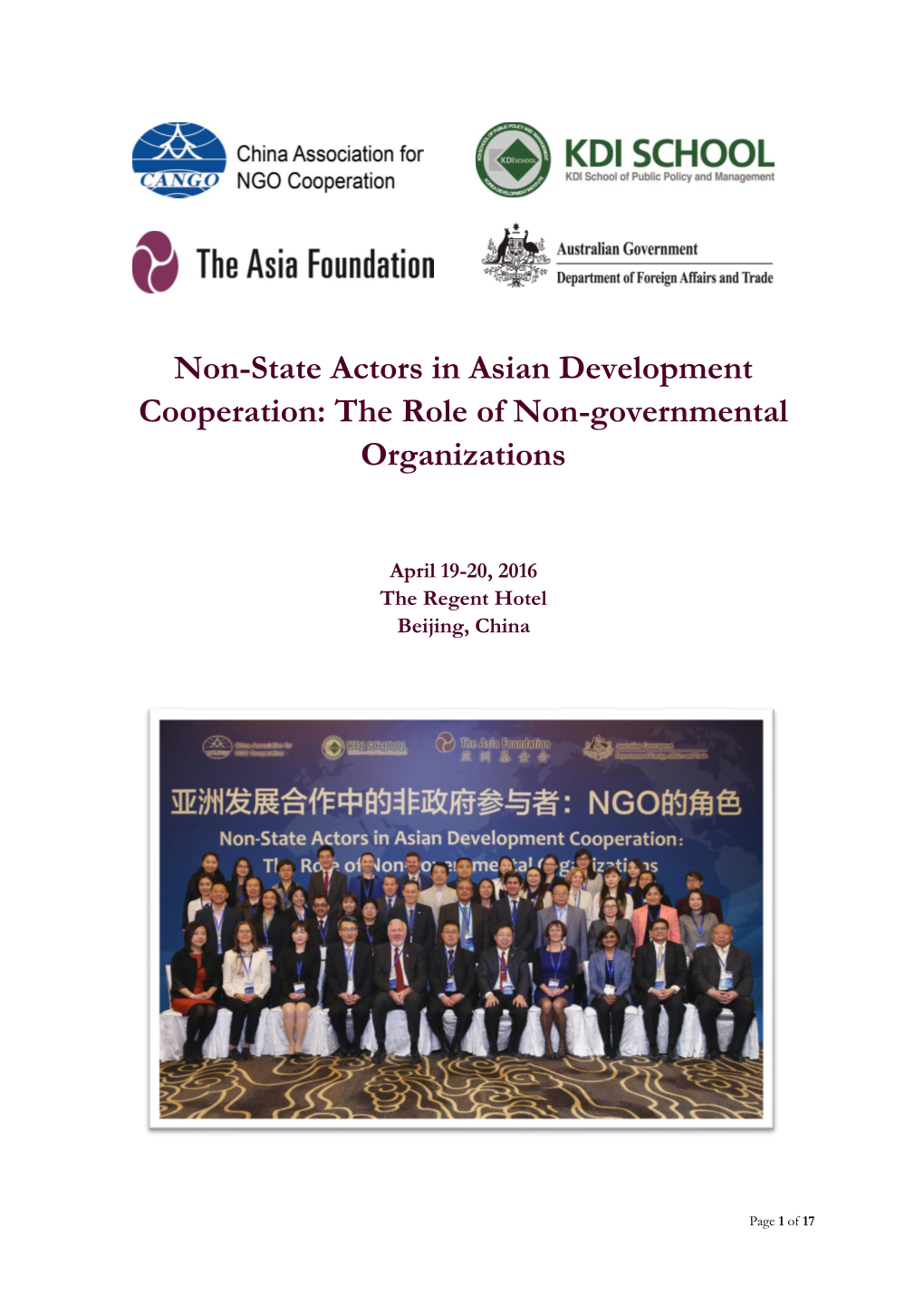 Non-State Actors in Asian Development Cooperation: the Role of Non-Governmental Organizations