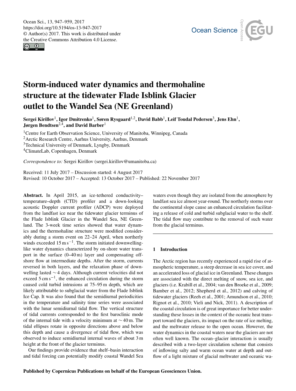 Storm-Induced Water Dynamics and Thermohaline Structure at the Tidewater Flade Isblink Glacier Outlet to the Wandel Sea (NE Greenland)