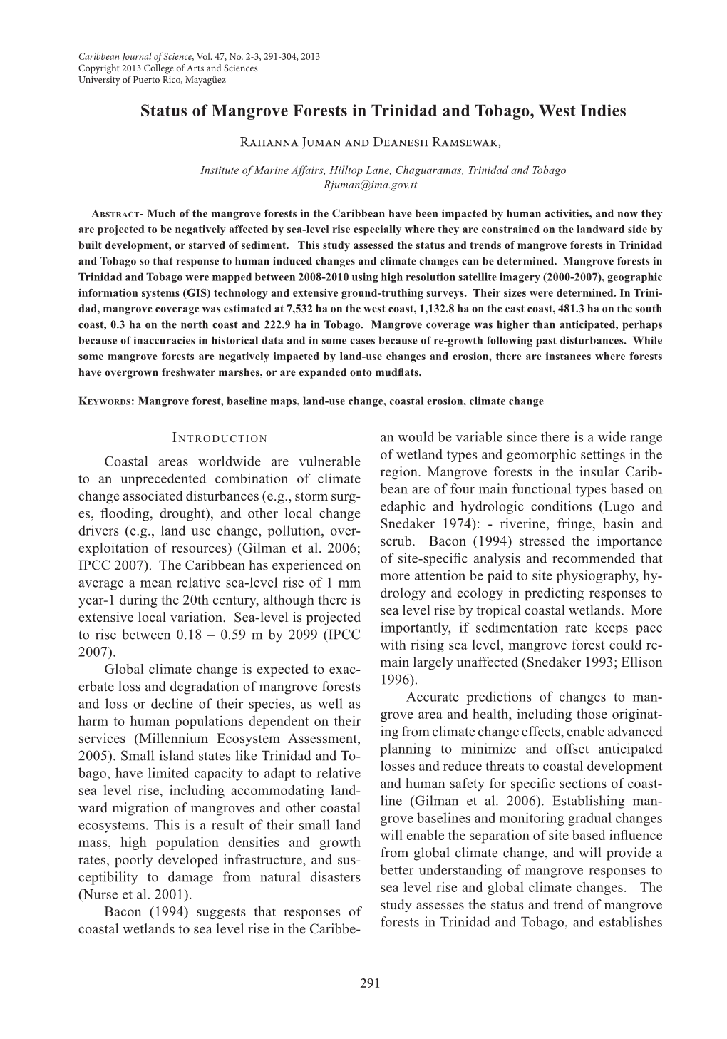 Status of Mangrove Forests in Trinidad and Tobago, West Indies