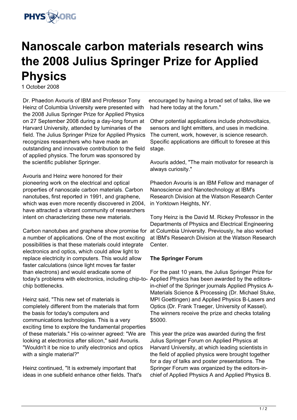 Nanoscale Carbon Materials Research Wins the 2008 Julius Springer Prize for Applied Physics 1 October 2008