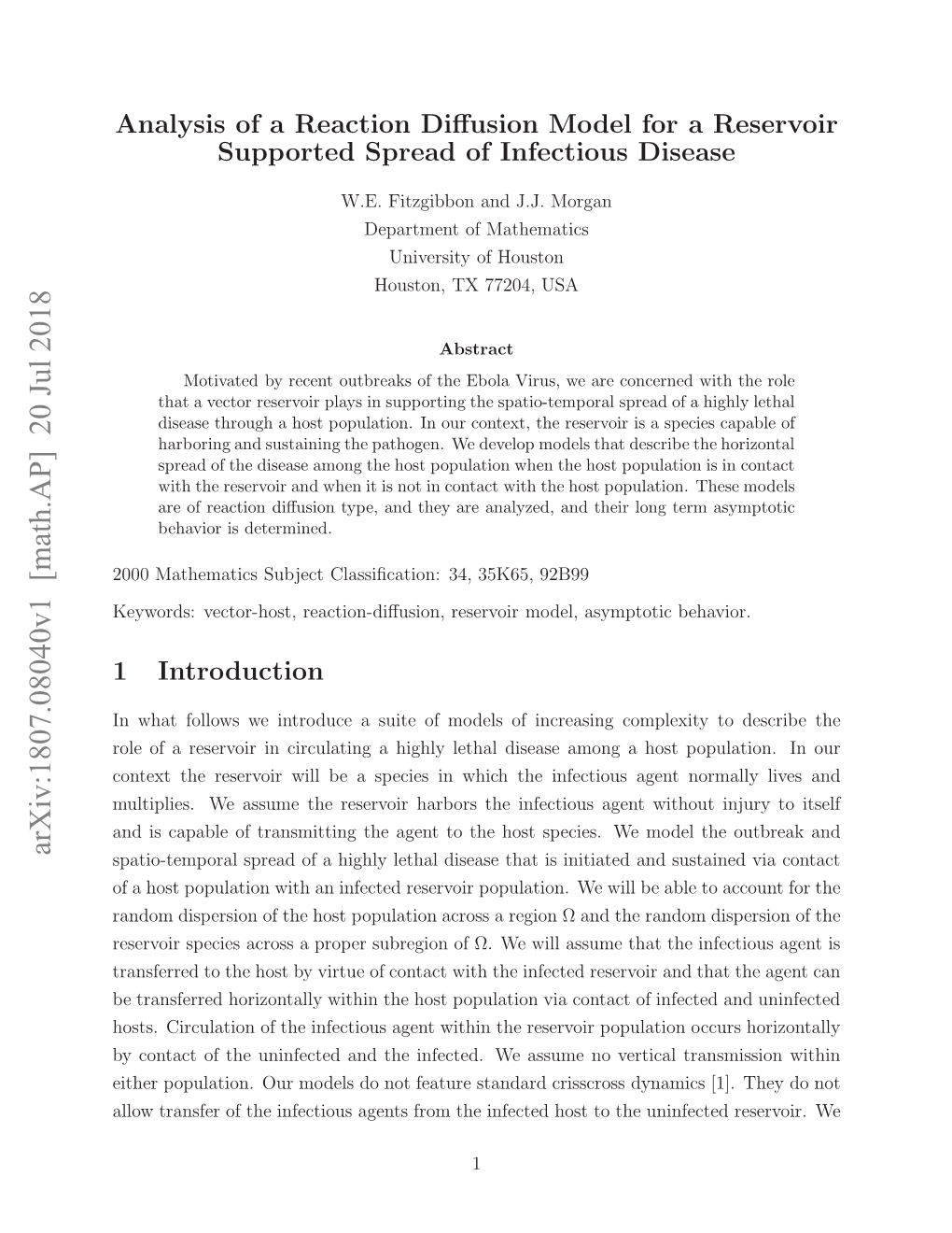 Analysis of a Reaction Diffusion Model for a Reservoir Supported Spread