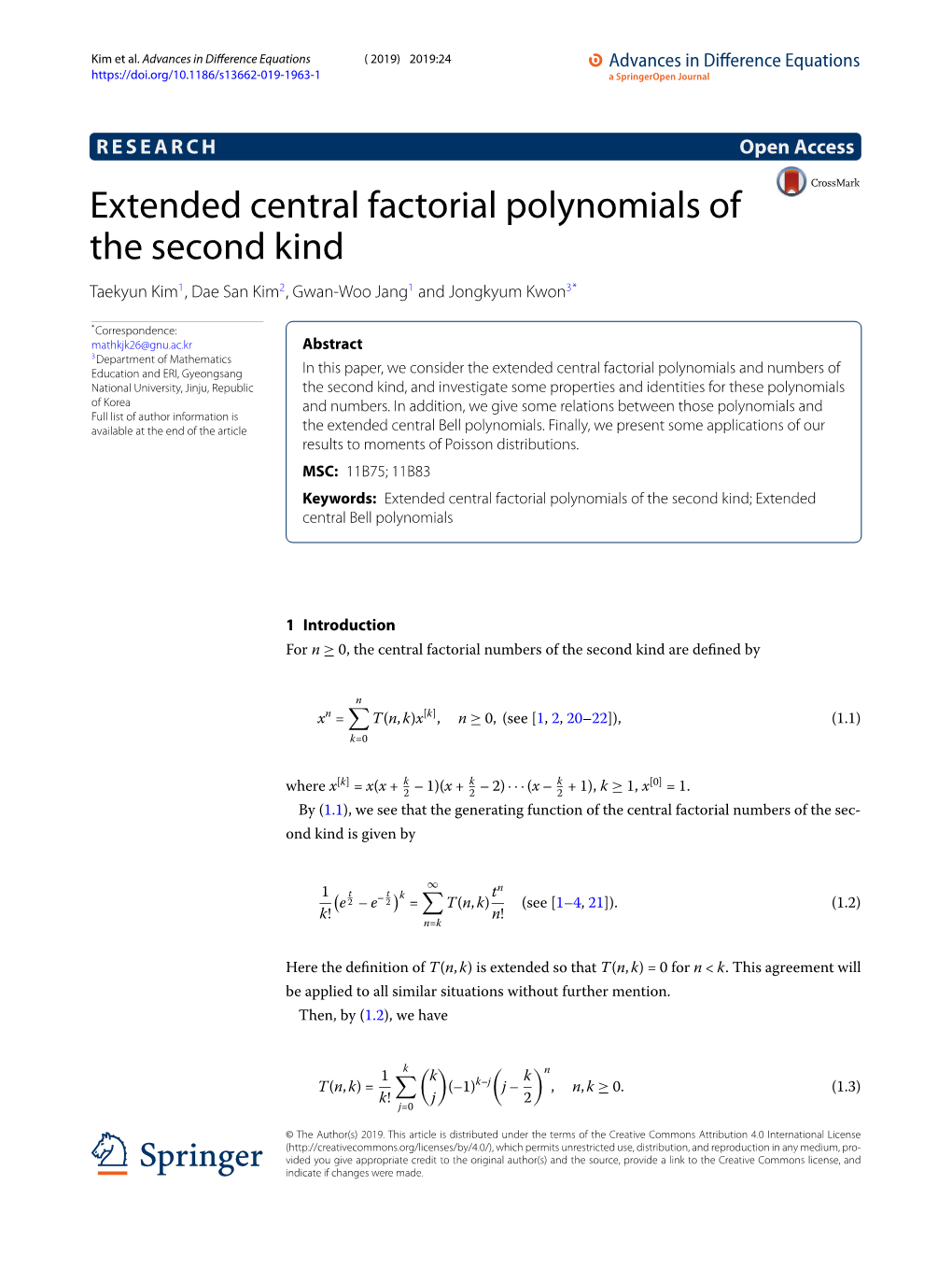 Extended Central Factorial Polynomials of the Second Kind Taekyun Kim1,Daesankim2,Gwan-Woojang1 and Jongkyum Kwon3*