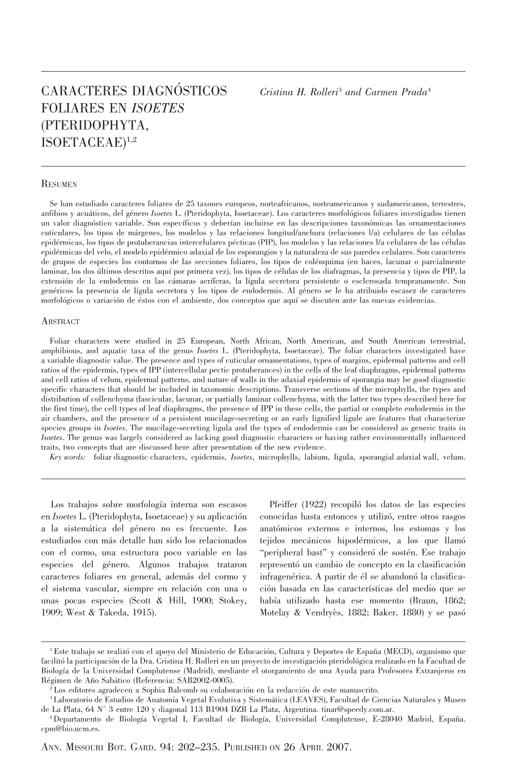 Caracteres Diagno´Sticos Foliares En Isoetes (Pteridophyta, Isoetaceae)