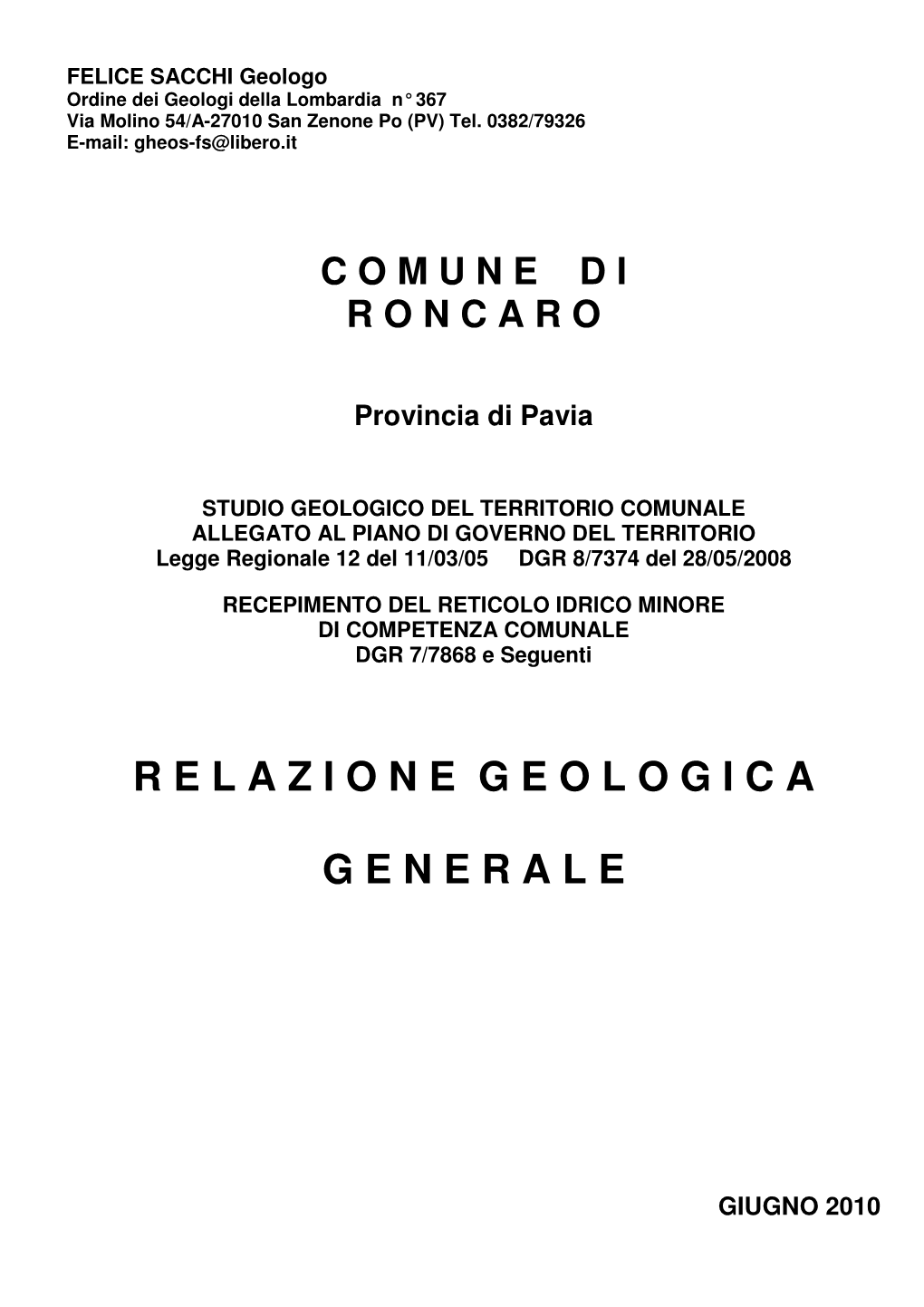 Page 1 FELICE SACCHI Geologo Ordine Dei Geologi Della Lombardia