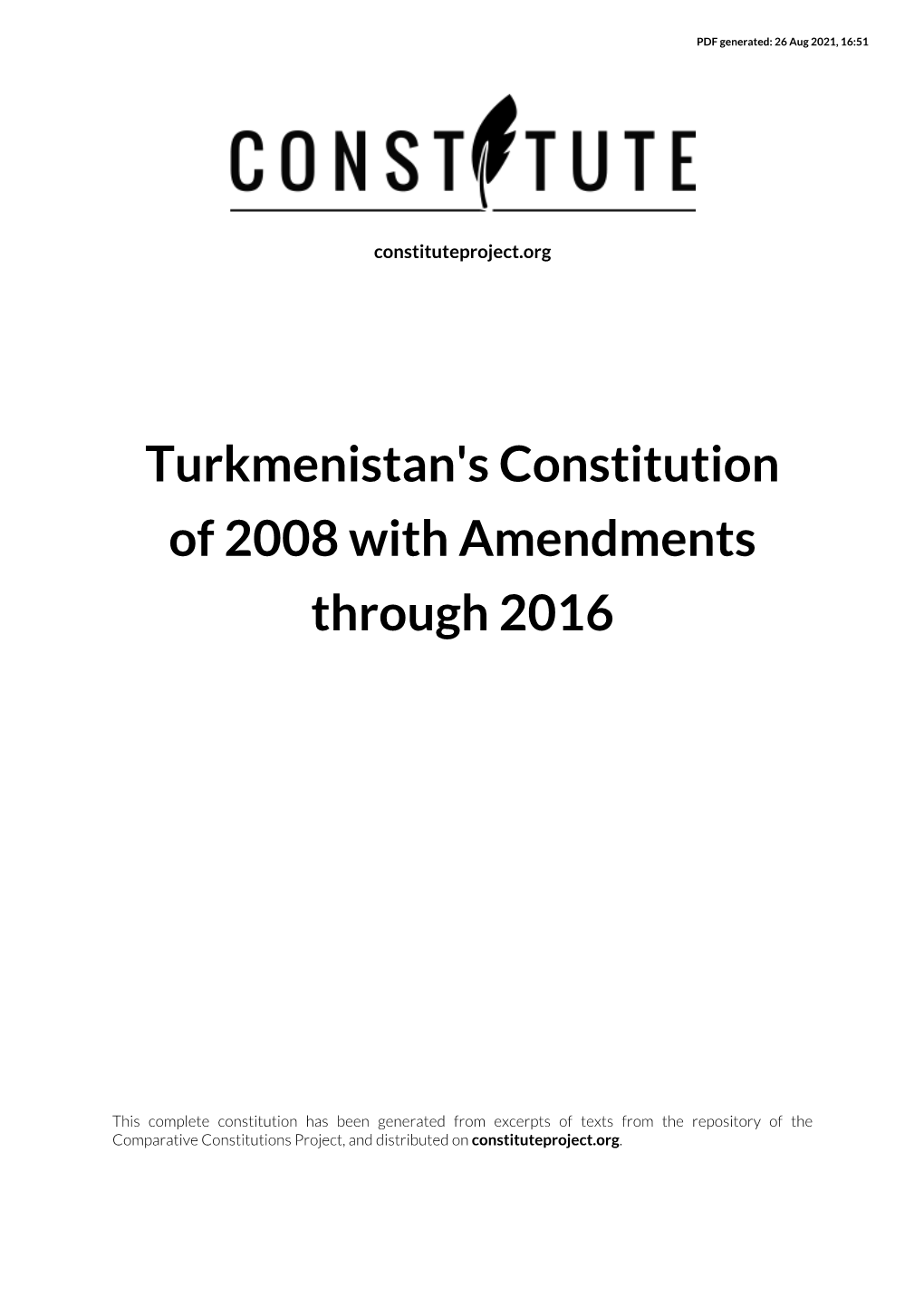 Turkmenistan's Constitution of 2008 with Amendments Through 2016