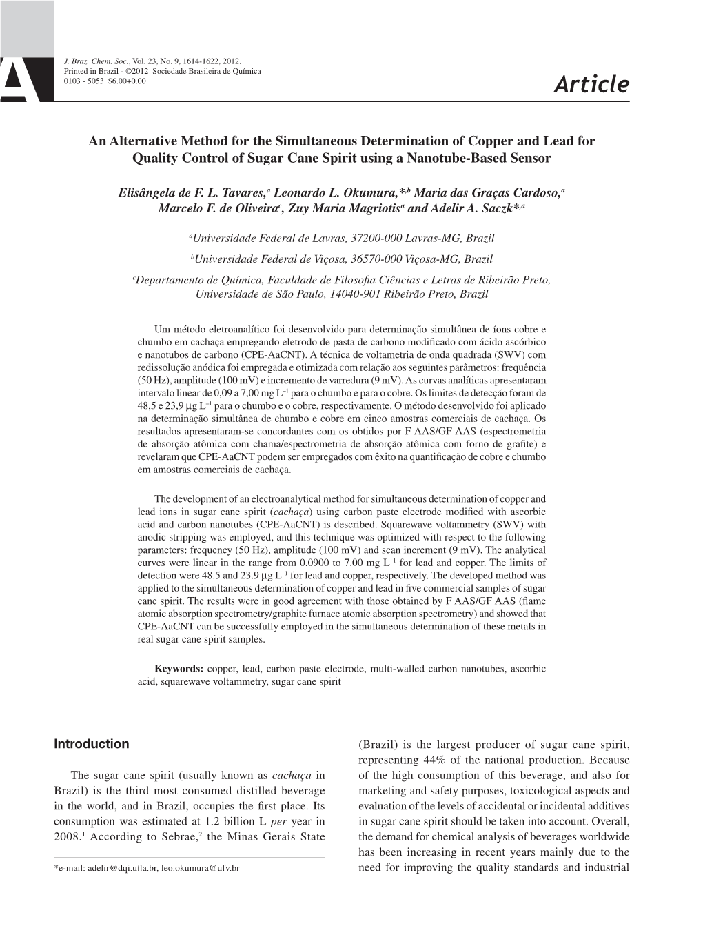 Article an Alternative Method for the Simultaneous Determination of Copper and Lead for Quality Control of Sugar Cane Spirit Using a Nanotube-Based Sensor