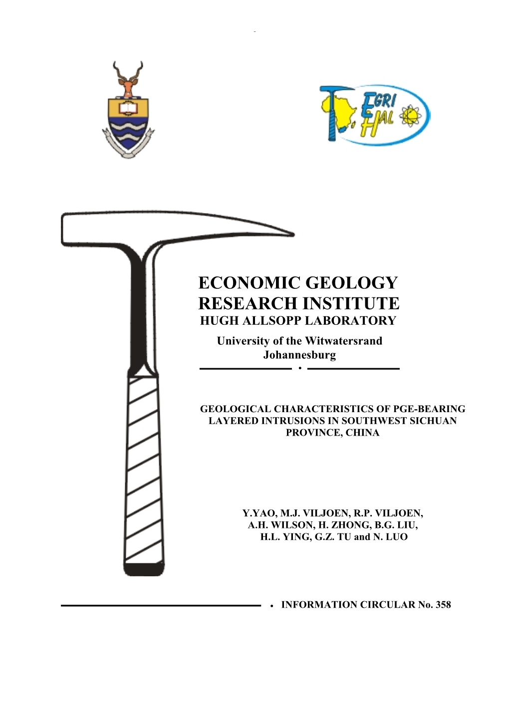 ECONOMIC GEOLOGY RESEARCH INSTITUTE HUGH ALLSOPP LABORATORY University of the Witwatersrand Johannesburg 