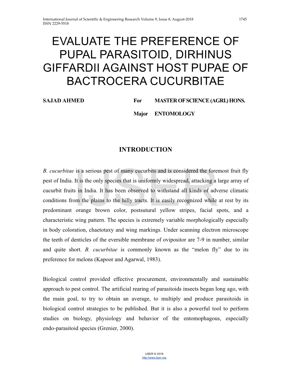 Evaluate the Preference of Pupal Parasitoid, Dirhinus Giffardii Against Host Pupae of Bactrocera Cucurbitae