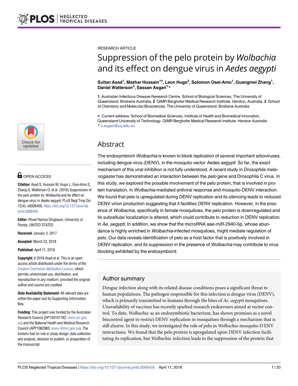 Suppression of the Pelo Protein by Wolbachia and Its Effect on Dengue Virus in Aedes Aegypti