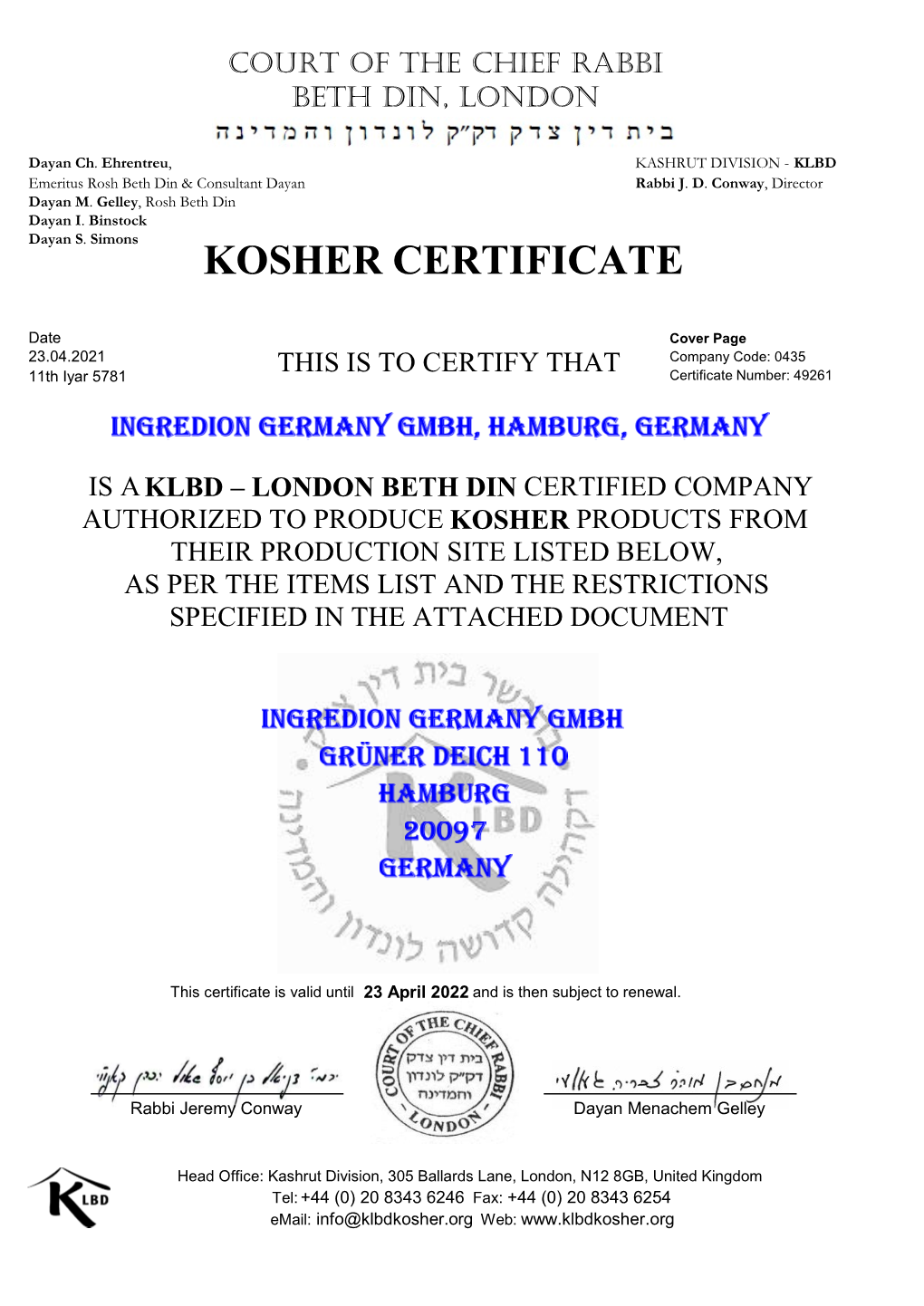 Kosher Certificate