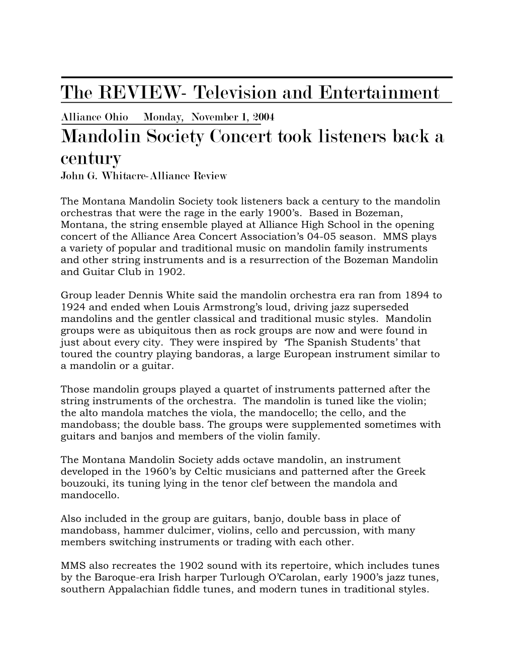 The REVIEW- Television and Entertainment Mandolin Society