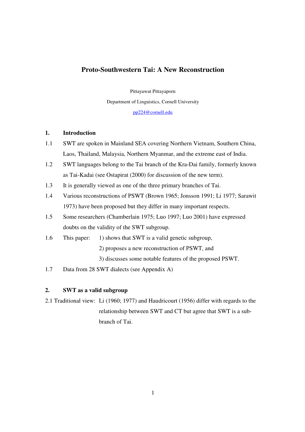 Proto-Southwestern Tai: a New Reconstruction