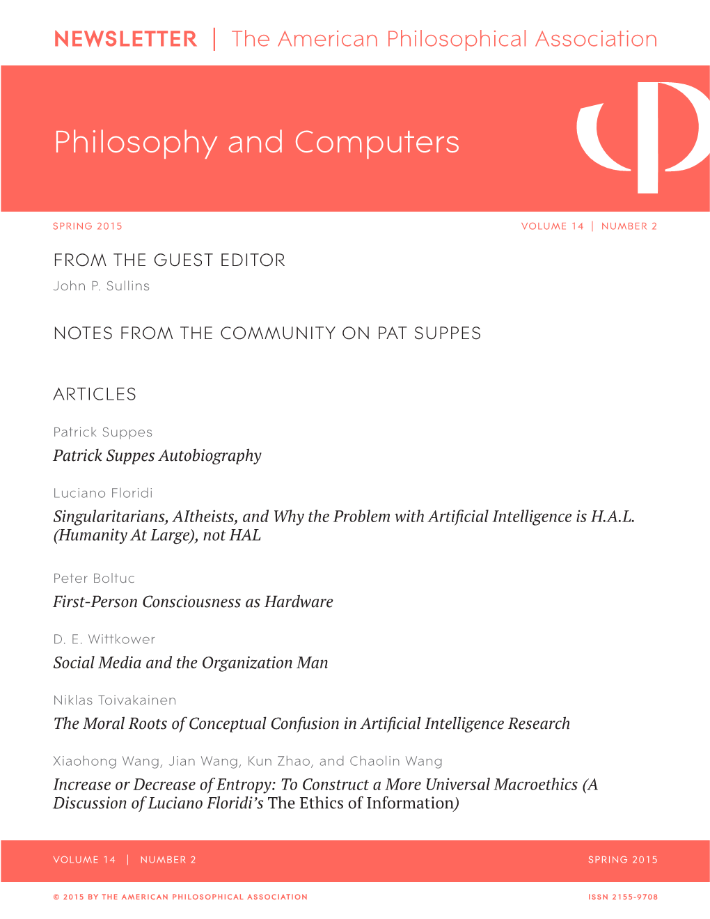 APA Newsletter on Philosophy and Computers, Vol. 14, No. 2