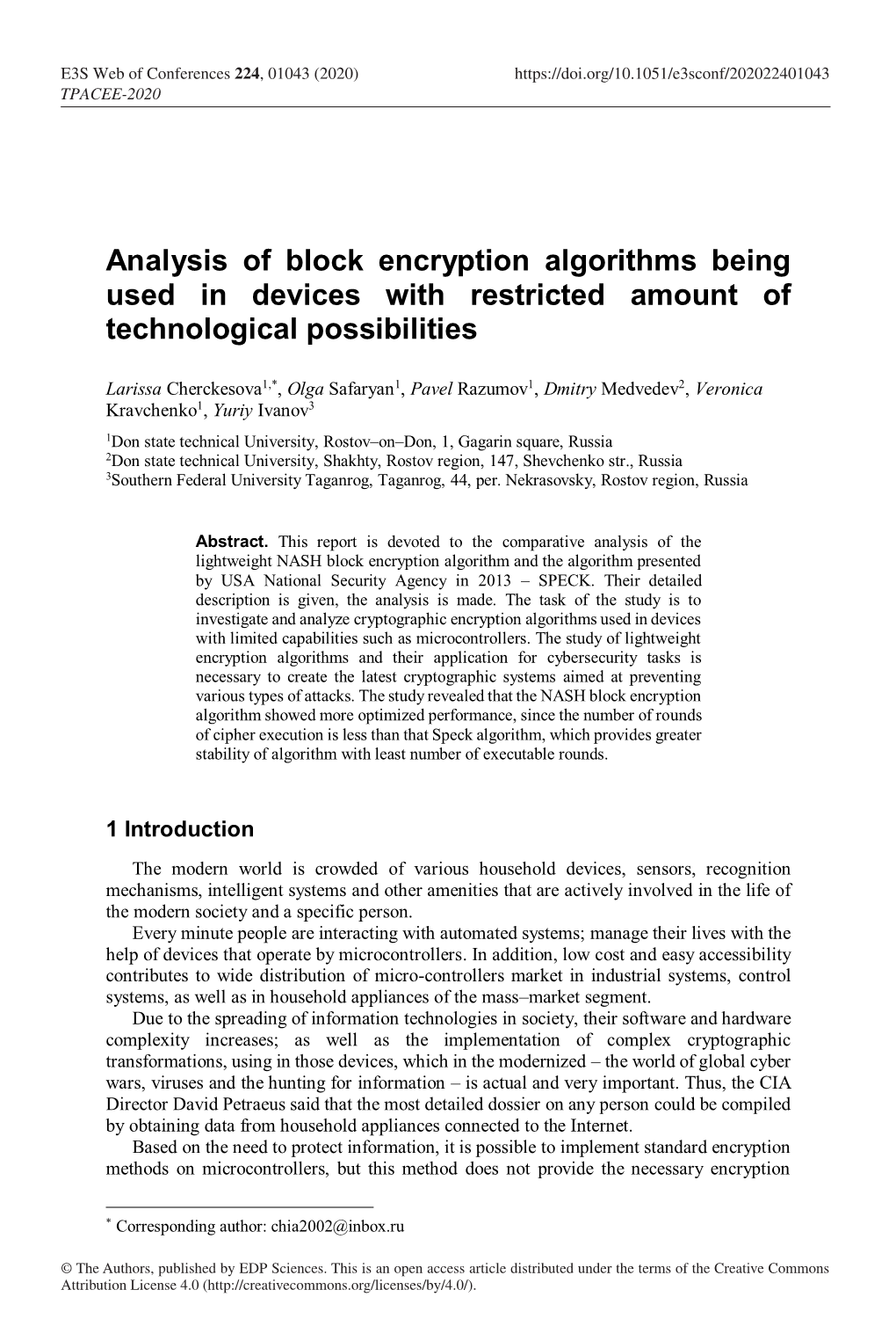 Analysis of Block Encryption Algorithms Being Used in Devices with Restricted Amount of Technological Possibilities