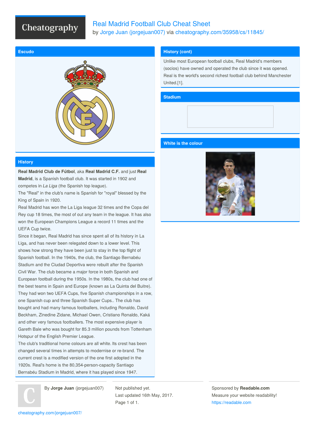 Real Madrid Football Club Cheat Sheet by Jorge Juan (Jorgejuan007) Via Cheatography.Com/35958/Cs/11845