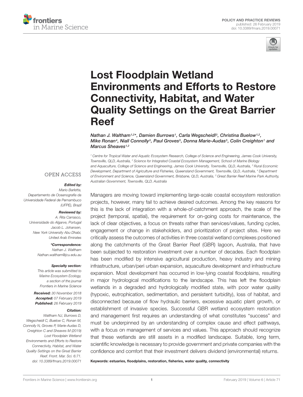 Lost Floodplain Wetland Environments and Efforts to Restore Connectivity, Habitat, and Water Quality Settings on the Great Barrier Reef