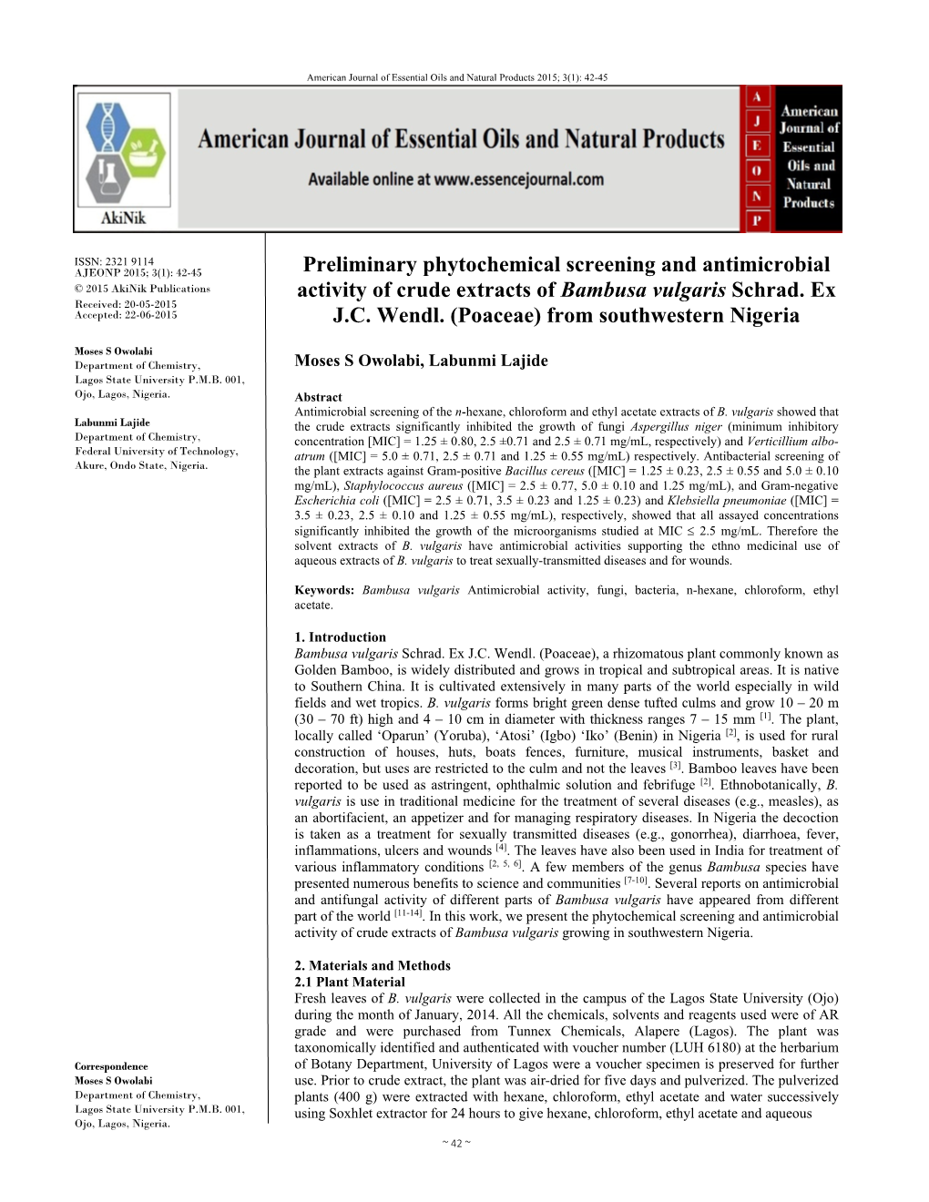 Preliminary Phytochemical Screening and Antimicrobial Activity of Crude