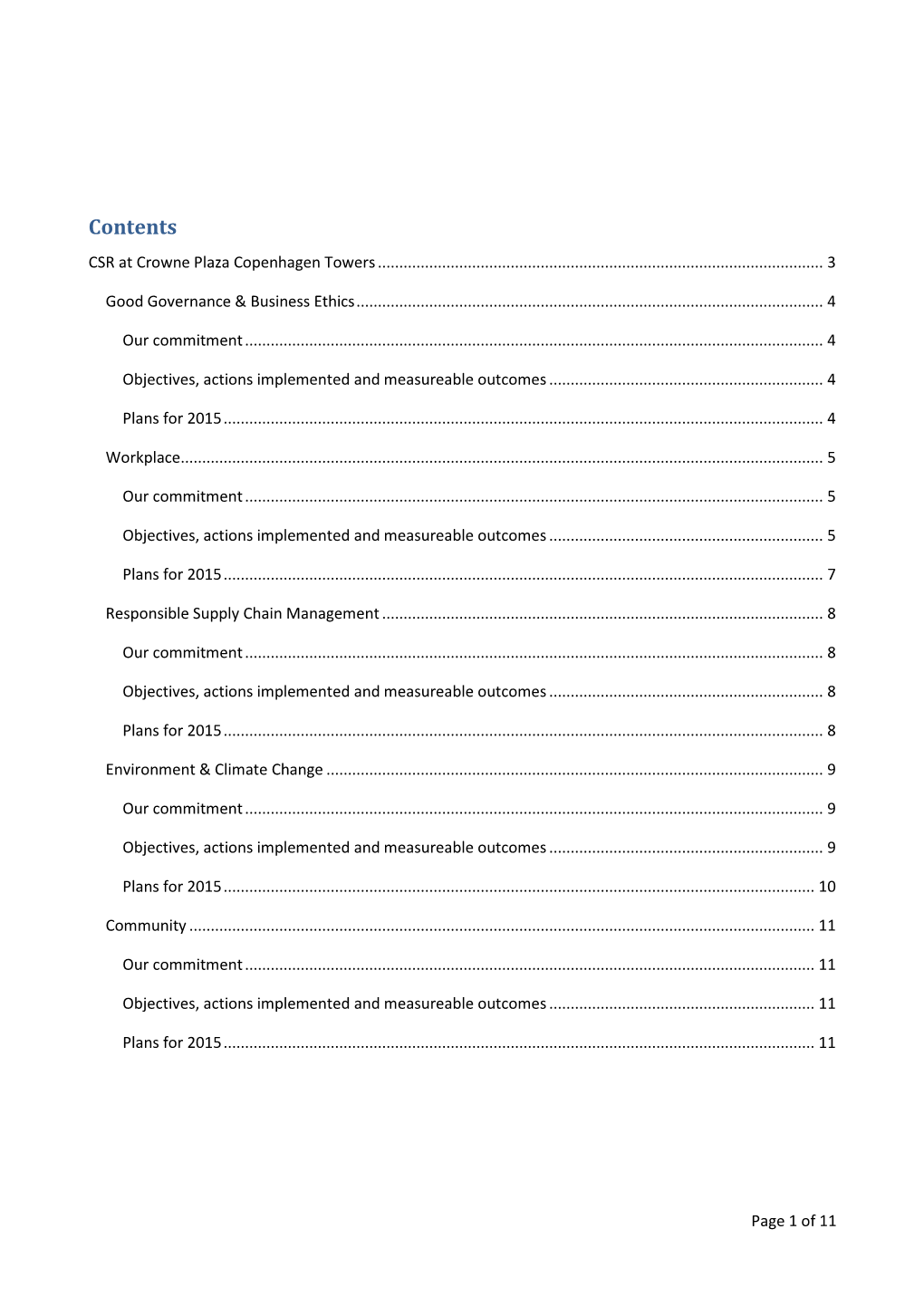 Contents CSR at Crowne Plaza Copenhagen Towers