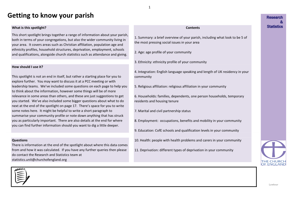 Getting to Know Your Parish Research & What Is This Spotlight? Contents Statistics This Short Spotlight Brings Together a Range of Information About Your Parish, 1