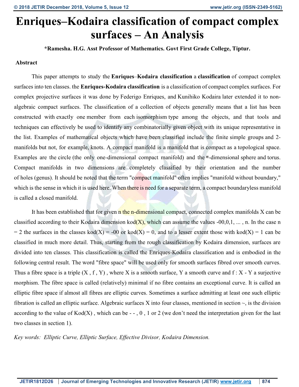 Enriques–Kodaira Classification of Compact Complex Surfaces – an Analysis *Ramesha