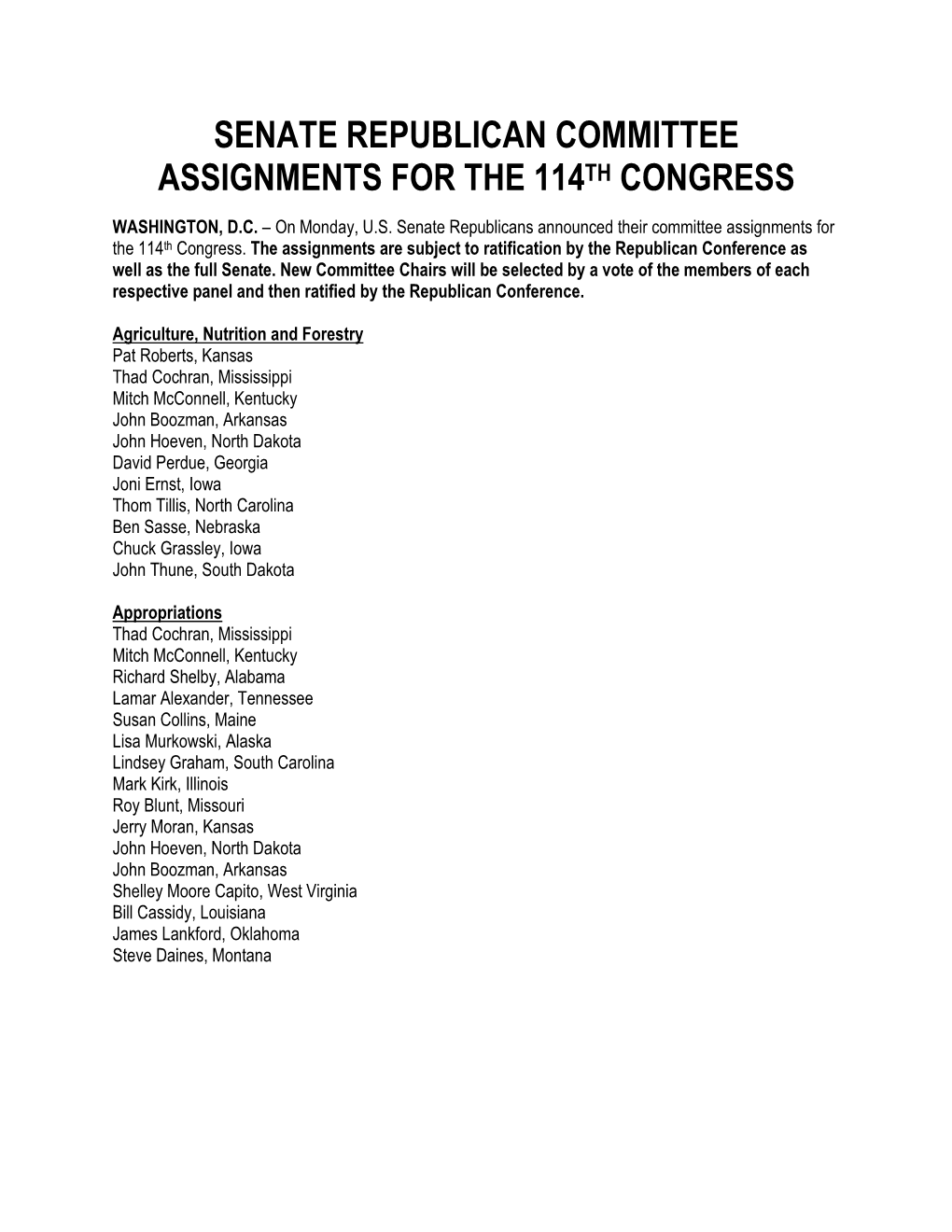 Senate Republican Committee Assignments for the 114Th Congress