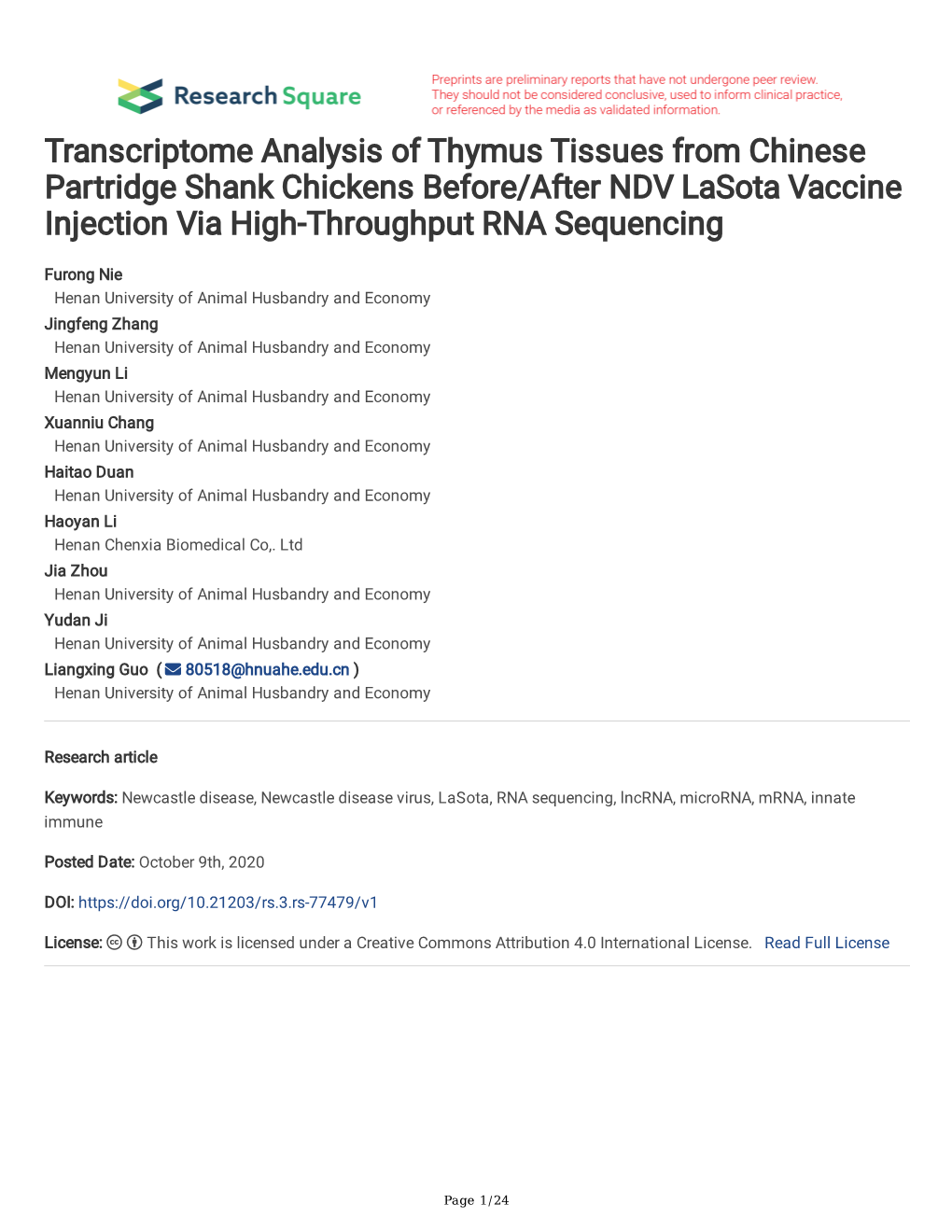 Transcriptome Analysis of Thymus Tissues from Chinese Partridge Shank Chickens Before/After NDV Lasota Vaccine Injection Via High-Throughput RNA Sequencing