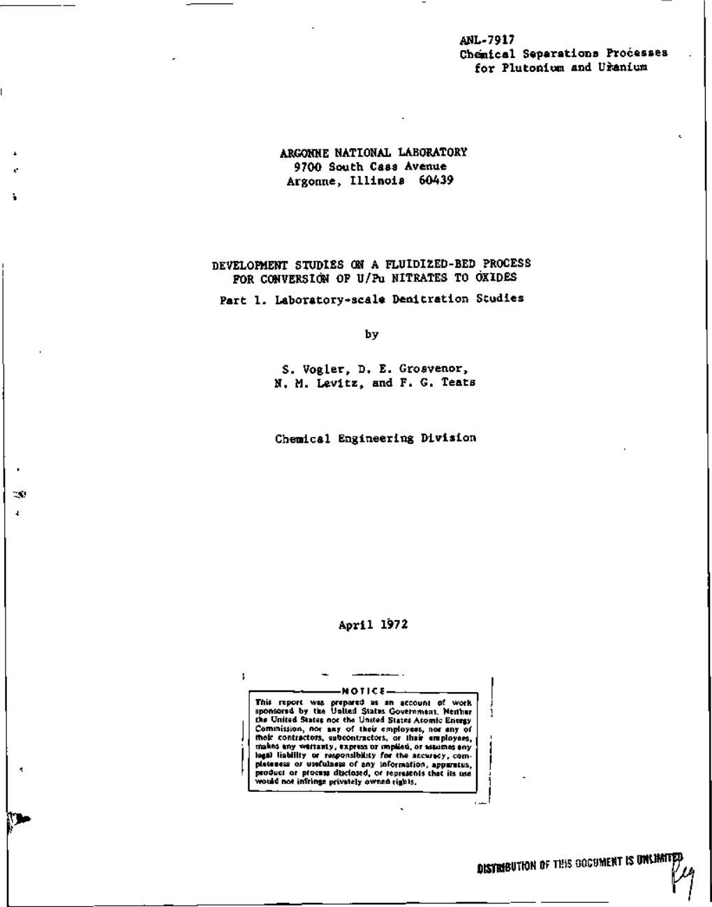 ANL-7917 Chemical Separations Processes for Plutonium and Uranium