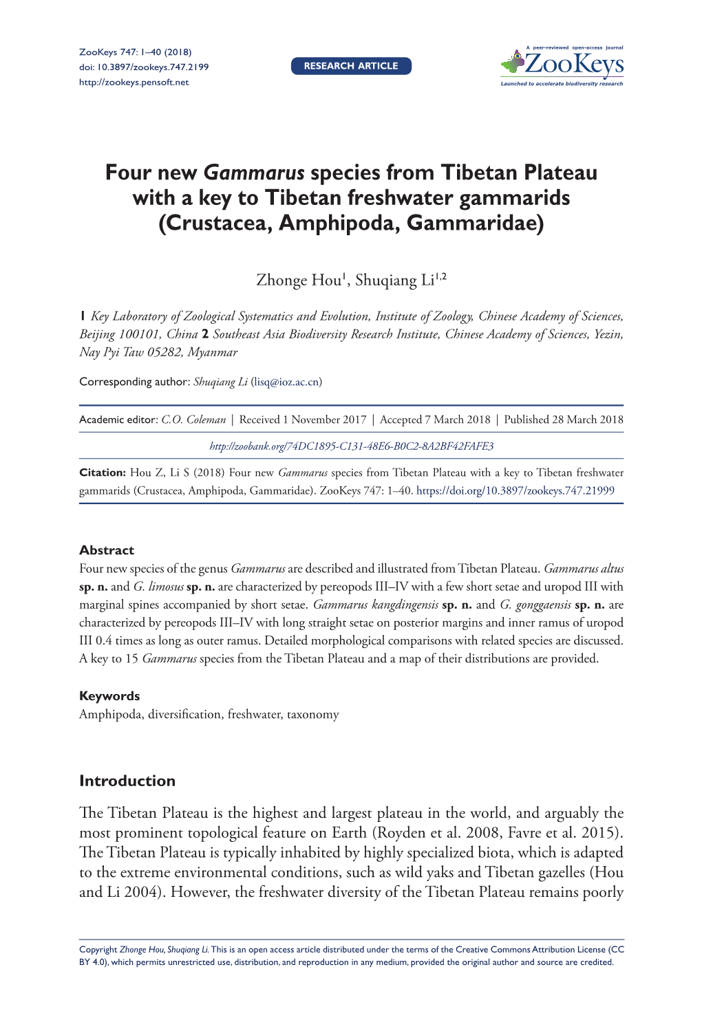 Four New Gammarus Species from Tibetan Plateau with a Key