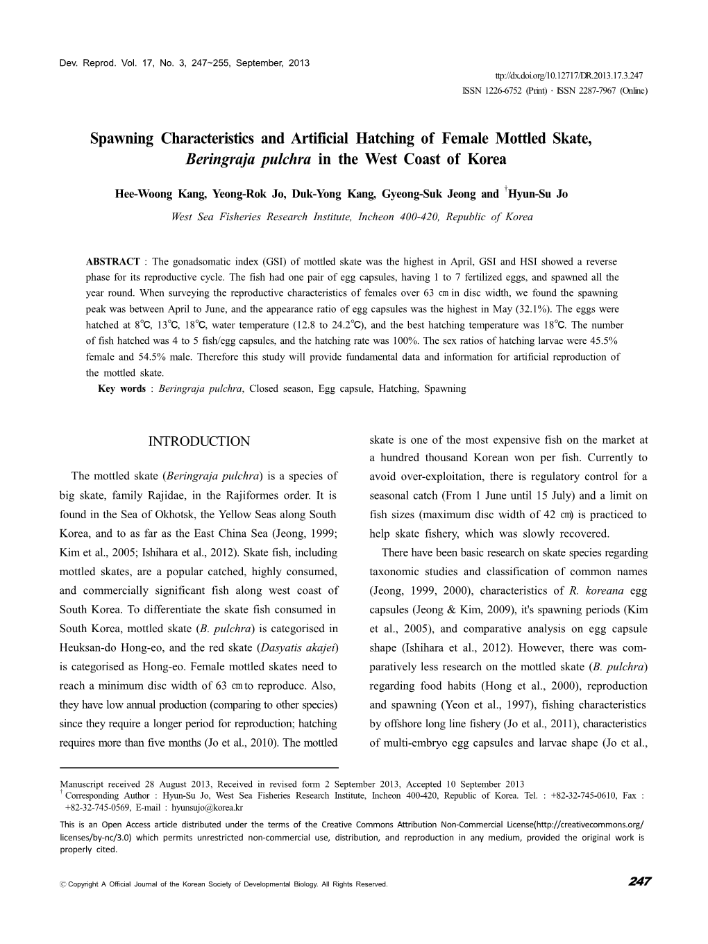 Spawning Characteristics and Artificial Hatching of Female Mottled Skate, Beringraja Pulchra in the West Coast of Korea