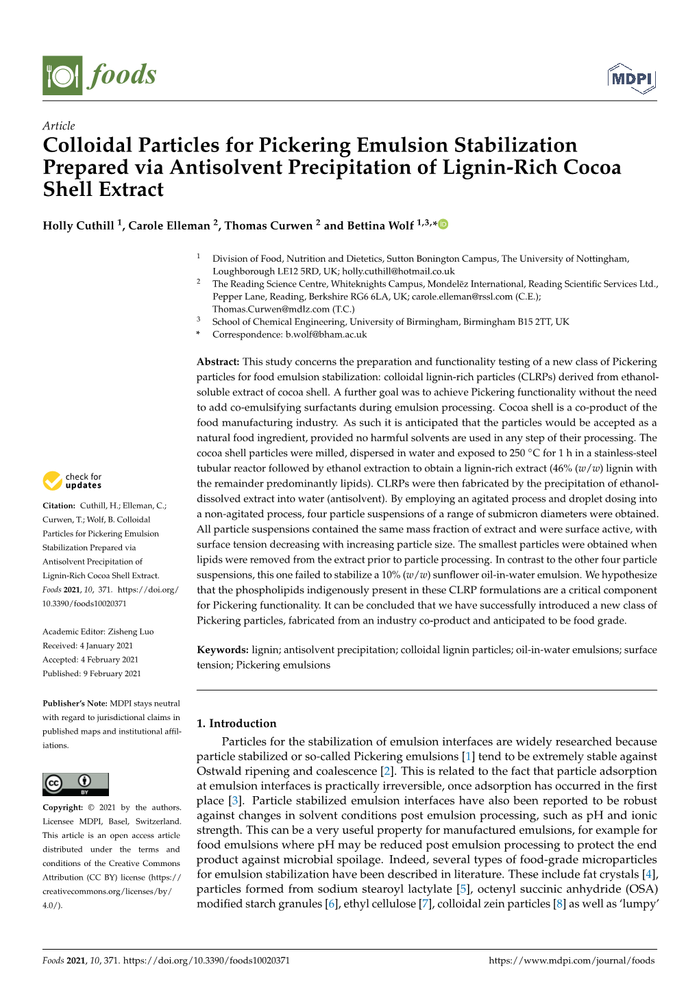 Colloidal Particles for Pickering Emulsion Stabilization Prepared Via Antisolvent Precipitation of Lignin-Rich Cocoa Shell Extract