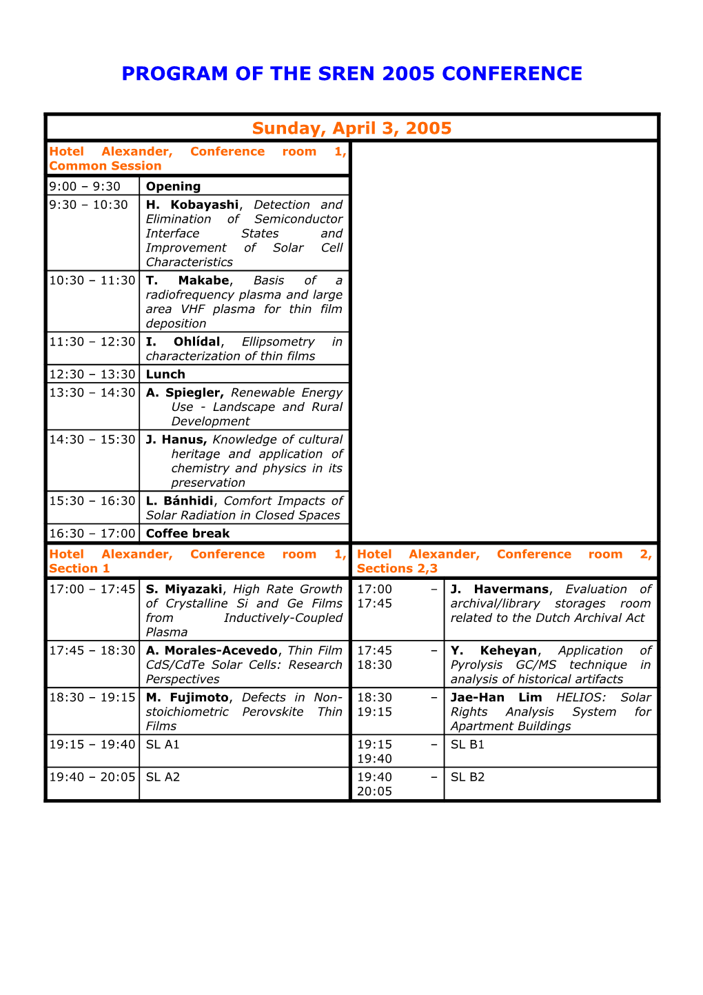 Program of the Conference