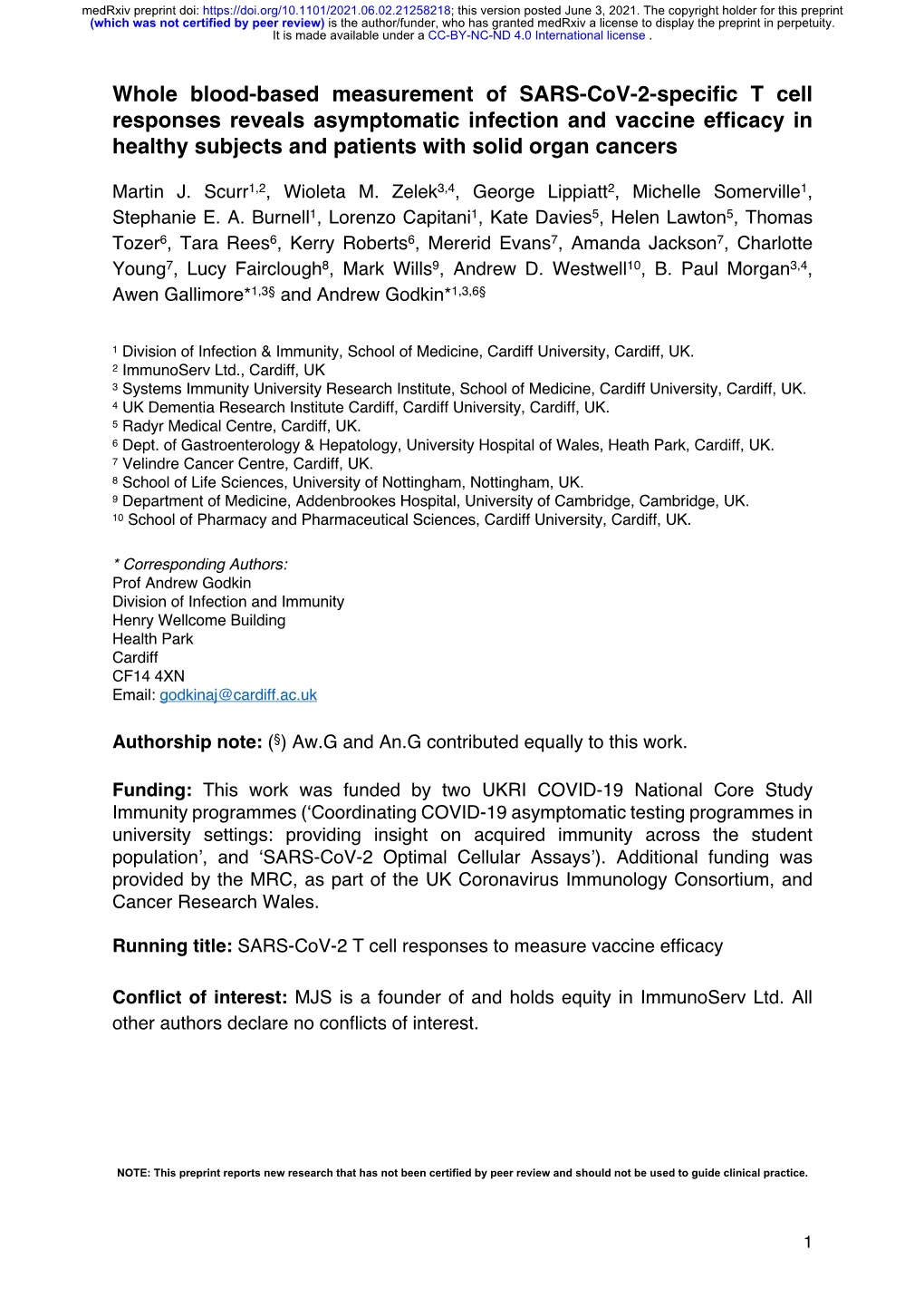 Whole Blood-Based Measurement of SARS-Cov-2-Specific T Cell