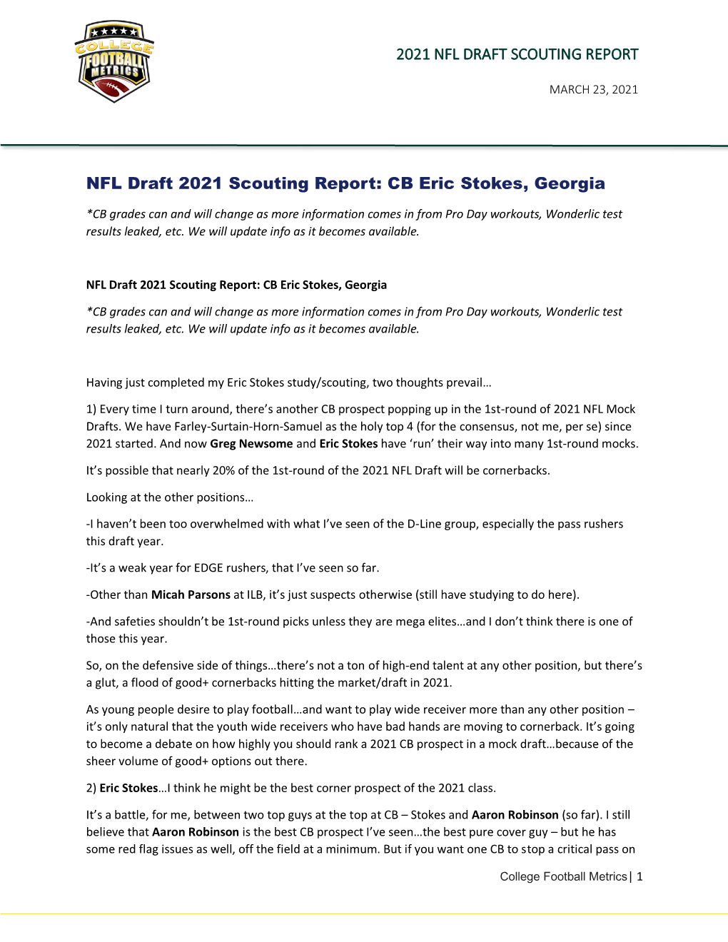 NFL Draft 2021 Scouting Report: CB Eric Stokes, Georgia