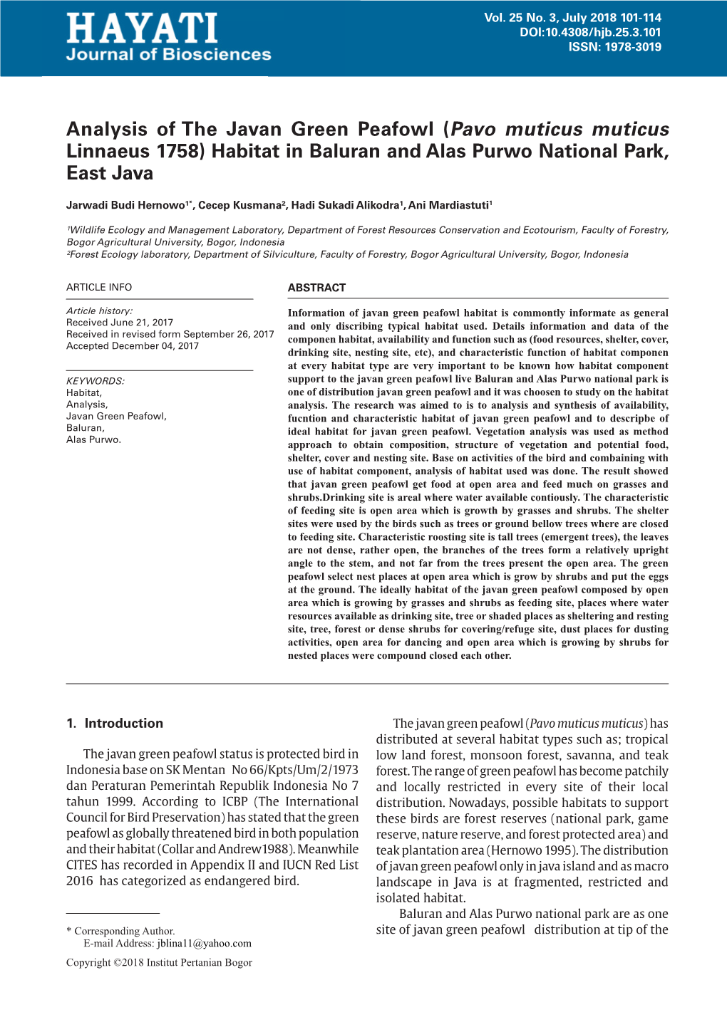 Analysis of the Javan Green Peafowl (Pavo Muticus Muticus Linnaeus 1758) Habitat in Baluran and Alas Purwo National Park, East Java