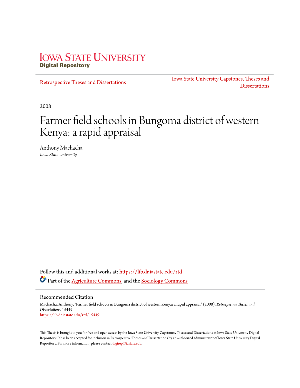 Farmer Field Schools in Bungoma District of Western Kenya: a Rapid Appraisal Anthony Machacha Iowa State University