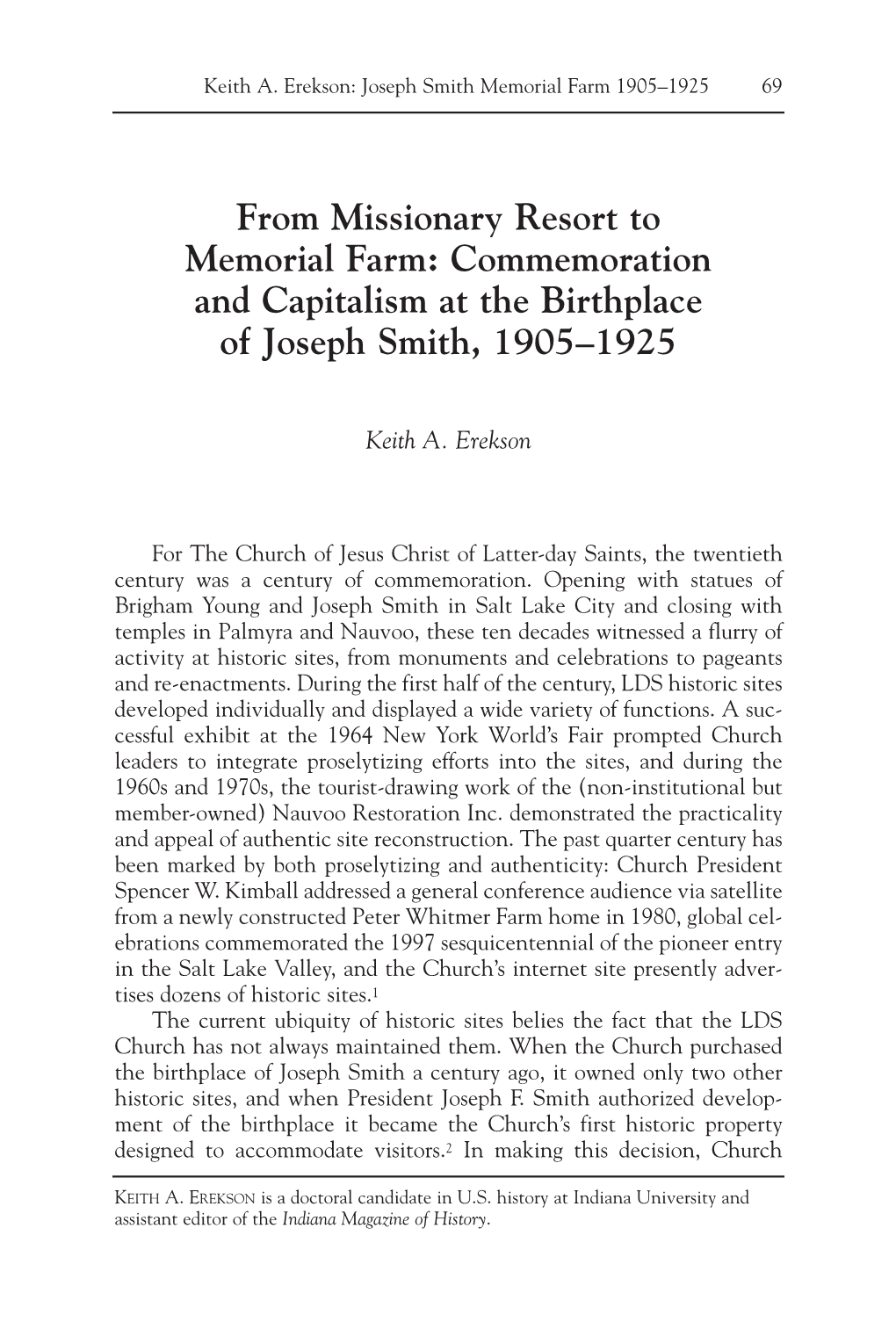 From Missionary Resort to Memorial Farm: Commemoration and Capitalism at the Birthplace of Joseph Smith, 1905–1925