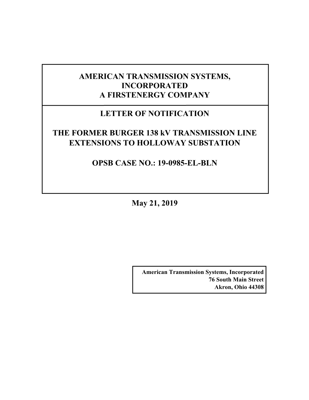 American Transmission Systems, Incorporated a Firstenergy Company